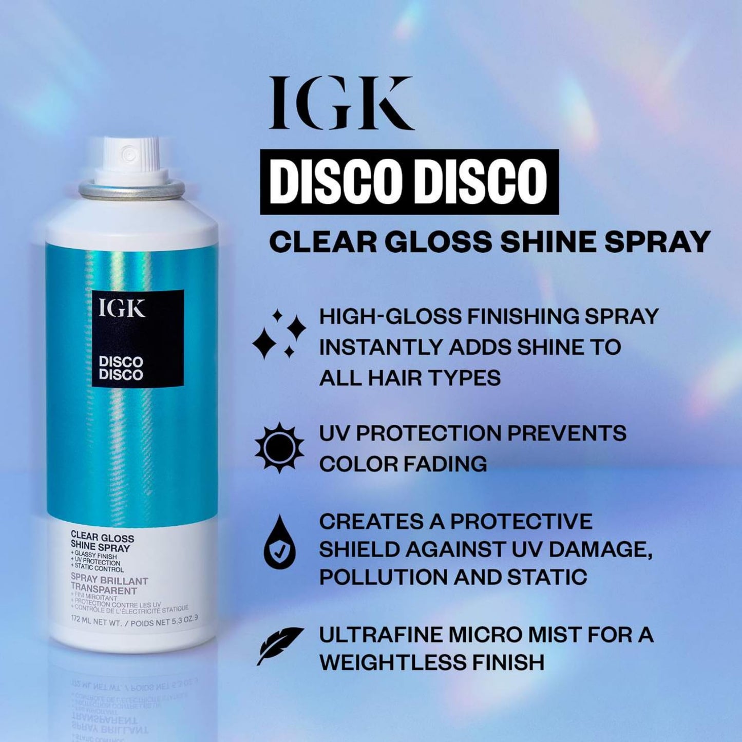 IGK Disco Disco Clear Gloss Shine Spray | Weightless Glassy Shine with a Soft Non-Greasy Finish | UV Protection Finishing Spray | 5.3 Oz Beauty & Personal Care IGK