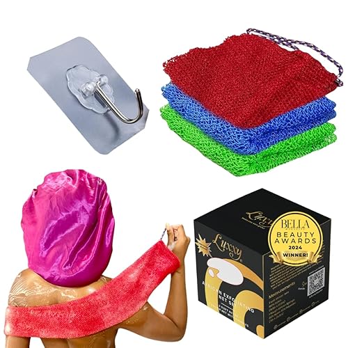 Luxxy® | 3 Pack Set 2 Soft African Exfoliating Nets & 1 Rough African Net Sponge with Handles For The Back, Neck or Feet, Black Women Owned, Achieve Beauty & Personal Care Luxxy