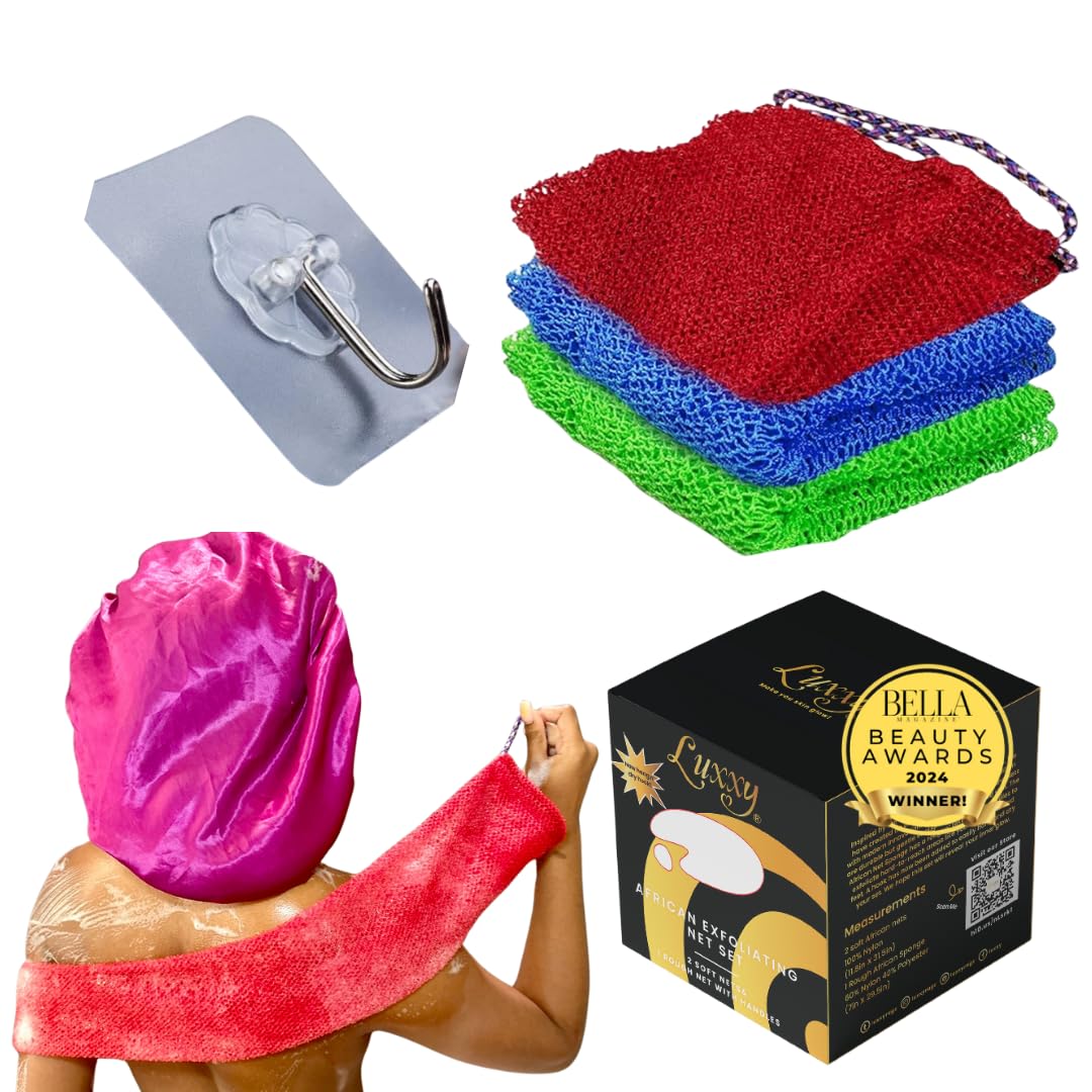 Luxxy® | 3 Pack Set 2 Soft African Exfoliating Nets & 1 Rough African Net Sponge with Handles For The Back, Neck or Feet, Black Women Owned, Achieve Beauty & Personal Care Luxxy