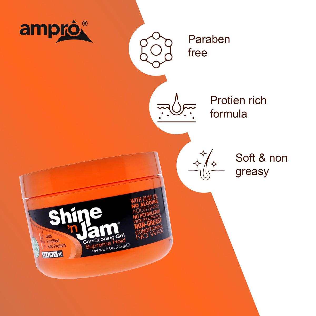 Ampro Shine-n-Jam Supreme Hold - Conditions Hair with Olive Oil and Silk Protein - Great for Smoothing Fringe, Ponytails, and Up-dos - Firms Tresses Beauty & Personal Care Shine 'n Jam