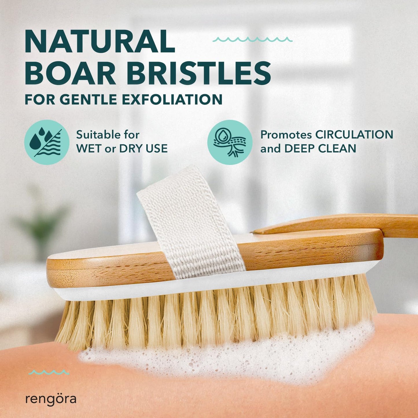 Dry Brushing Body Brush - Exfoliating Body Scrubber with Natural Boar Bristles, Detachable Ergonomic Long Handle - Great for Dry Skin Brushing Beauty and Personal Care rengöra