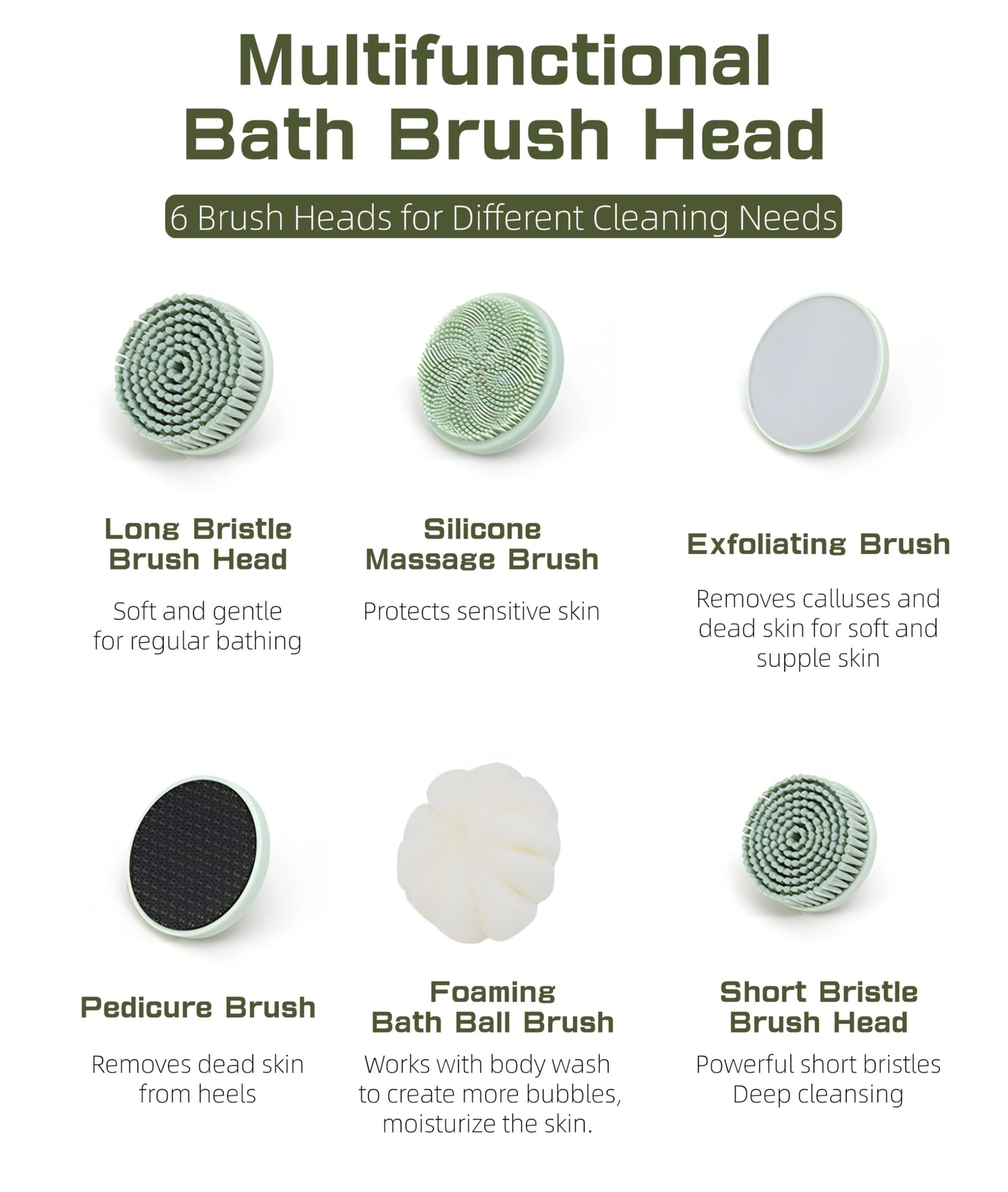 Electric Body Brush Back Scrubber for Shower, IPX6 Water Proof Bath Brush with Long Handle, 6 Heads 3 Speeds Rechargeable Electric Spin Scrubber Beauty and Personal Care Yoidesu
