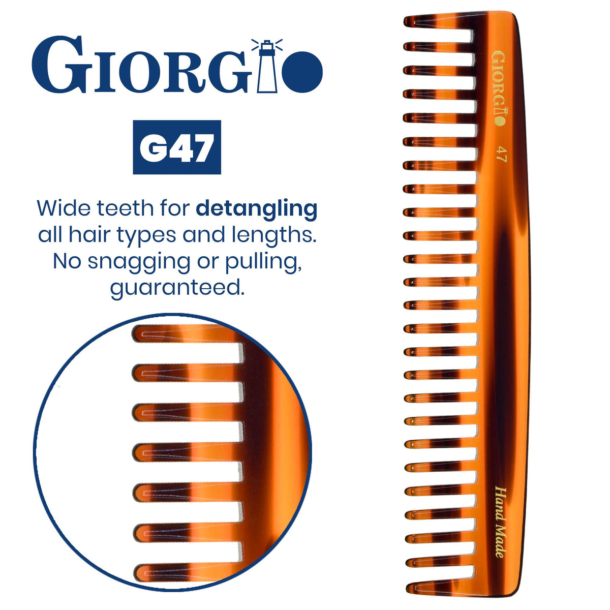 Giorgio G47 Wide Tooth Detangling Hair Comb for Thick Curly Wavy Hair. Long Detangler Comb For Wet and Dry Hair. Handmade, Extra Wide Tooth Comb