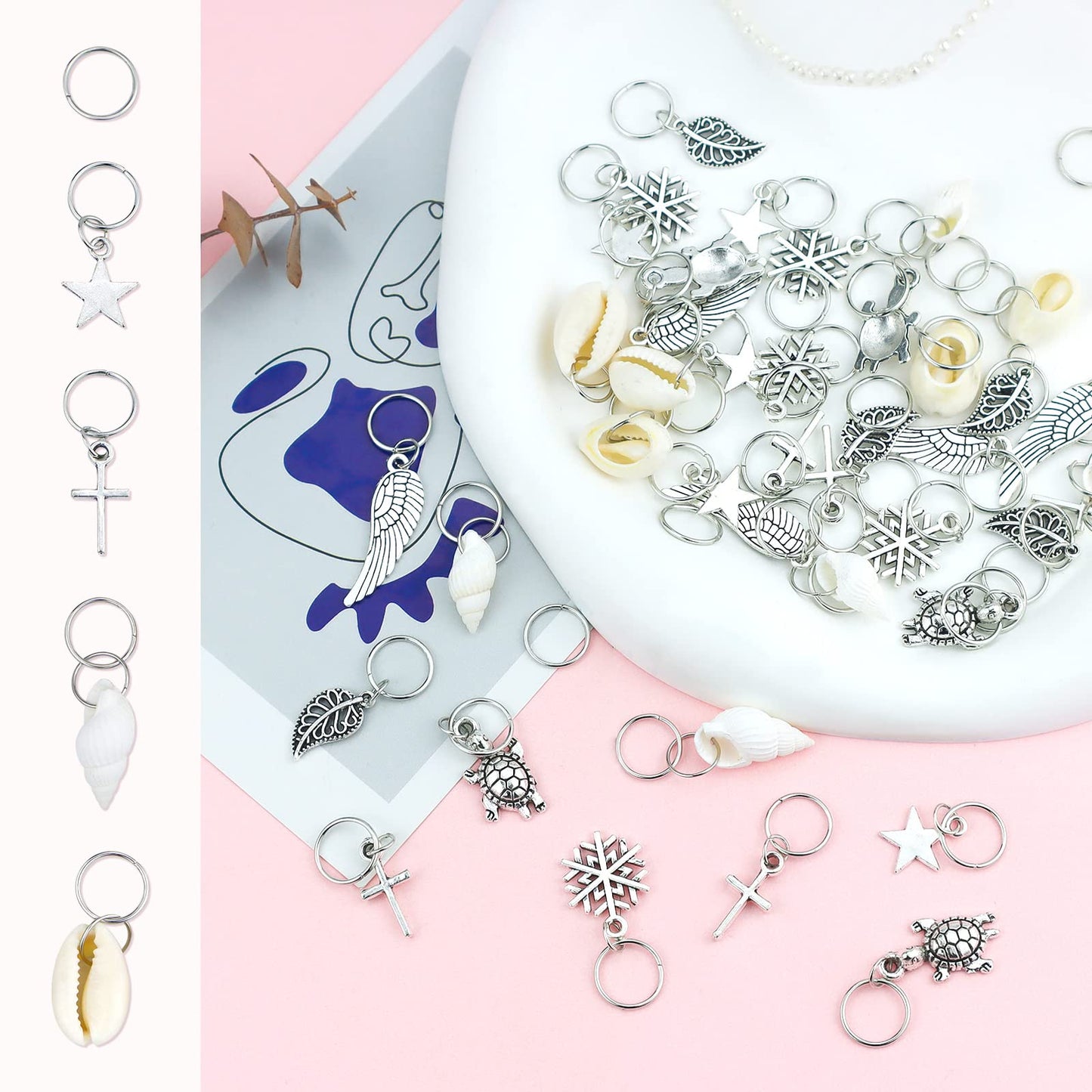 JIALEEY Hair Braid Rings, 50PCS Hair Loops Clips Silver Ring Shell Leaves Star Conch Snowflake Pendant Charms Set Hair Clip Headband Accessories Beauty & Personal Care JIALEEY