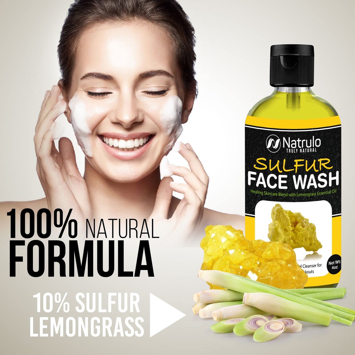 Sulfur Face Wash for Acne - All Natural Sulfur Facial Cleanser for Oily Skin, Breakouts - Healing Skincare Blend with Lemongrass Essential Oil - 4oz Beauty & Personal Care Natrulo