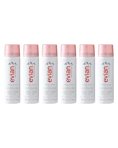 Evian Facial Spray 1.7 oz Travel 6-Pack - Hydrating Mineral Water Mist for Face & Skin - Refreshes Makeup and Tones Skin - TSA-Approved Mini Facial Beauty & Personal Care BRUMISATEUR