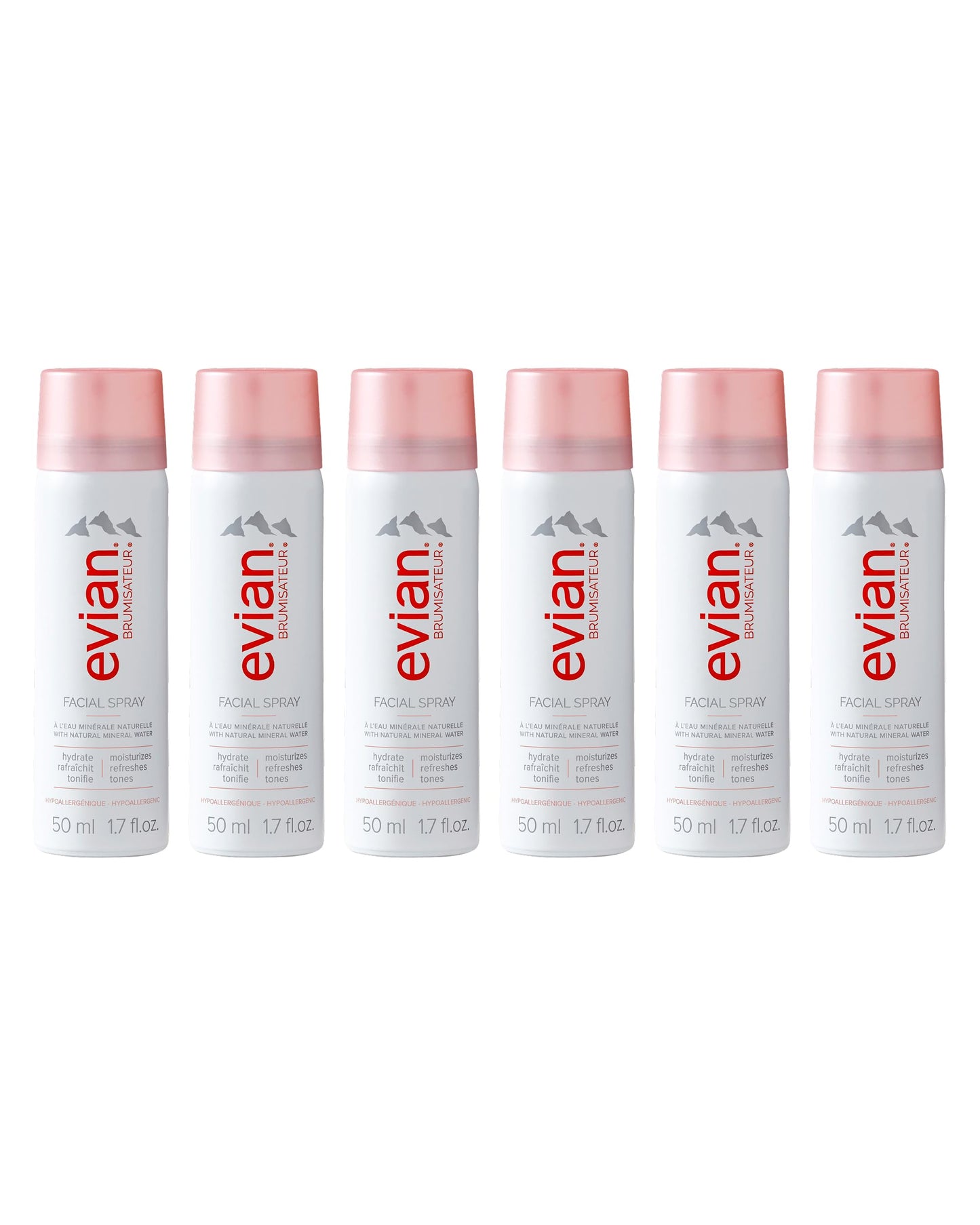 Evian Facial Spray 1.7 oz Travel 6-Pack - Hydrating Mineral Water Mist for Face & Skin - Refreshes Makeup and Tones Skin - TSA-Approved Mini Facial Beauty & Personal Care BRUMISATEUR