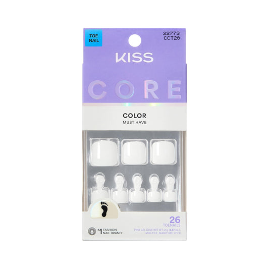 Kiss Core, Press On Nails, Nail glue included, 'Toe-tally Yours', White, Short Size, Squoval Shape, Includes 26 Toenails, 2g Glue, 1 Manicure Stick, 1
