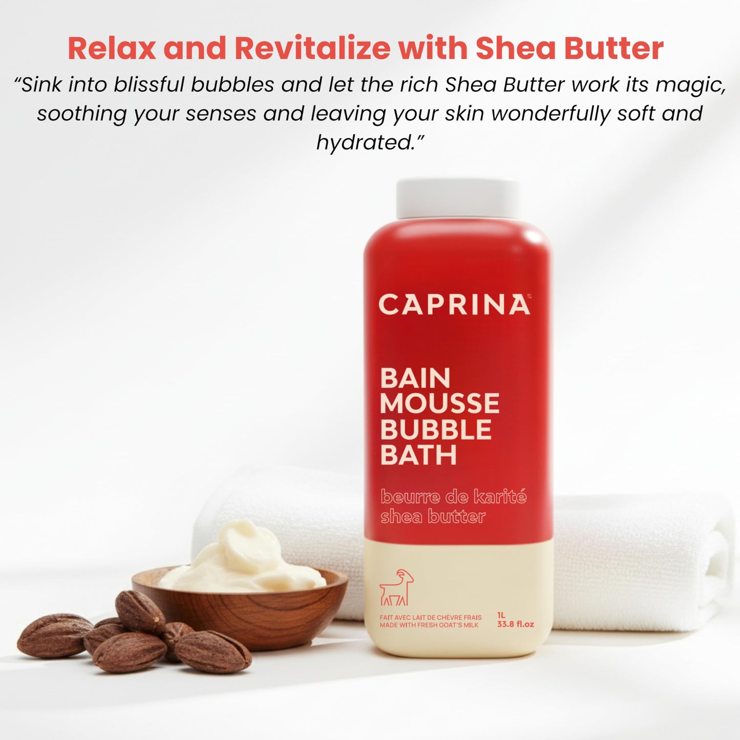 Caprina Fresh Goat’s Milk Bubble Bath, 1L, Hydrating Relaxing Foam Bath, Moisturizing and Gentle on Skin, Made in Canada (Shea Butter) Beauty and Personal Care Caprina by Canus