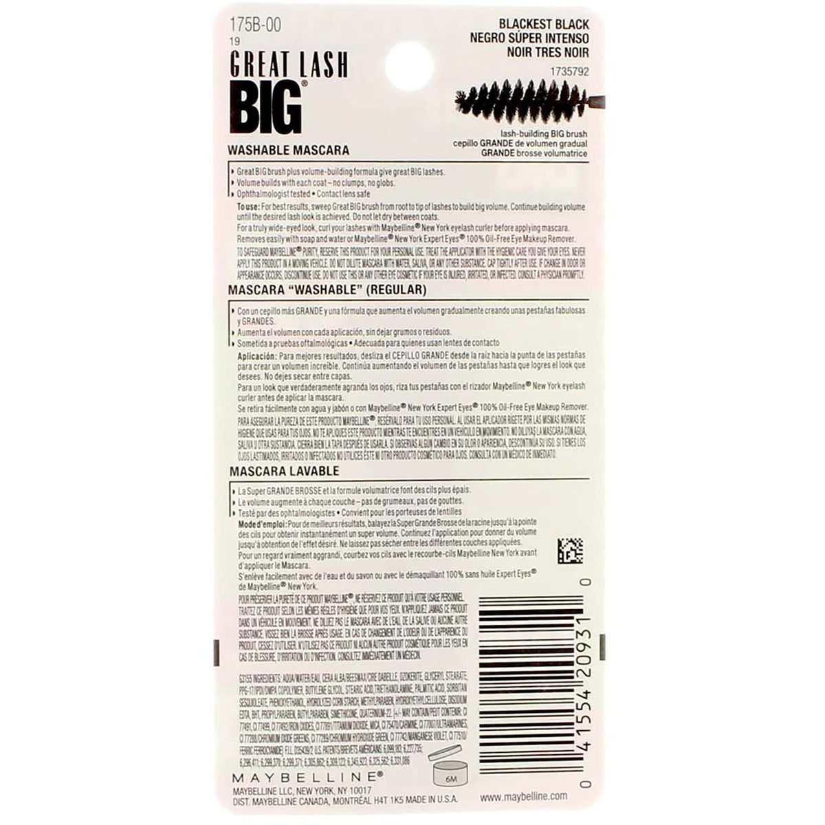 Myb Gl Big Blk Blk Size Ea Maybelline Great Lash Washable Mascara Blackest Black