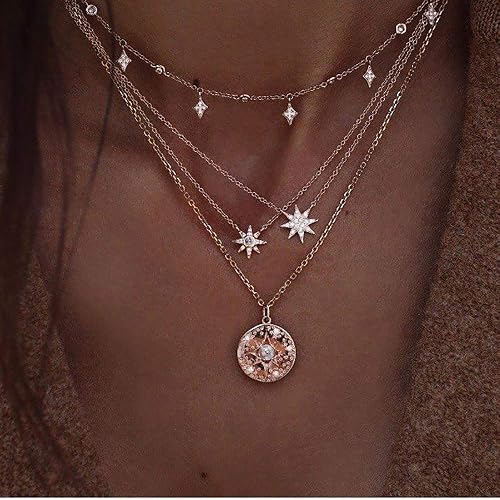 DoubleNine Multilayer Necklace Sun Star Golden Crescent Pendant Gold Medal Sequins Women Crystal Necklace Layered Delicate Collar Women Girls Bride Beauty & Personal Care Doubnine