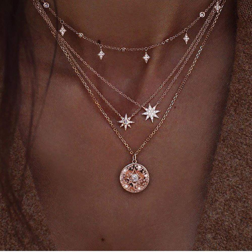 DoubleNine Multilayer Necklace Sun Star Golden Crescent Pendant Gold Medal Sequins Women Crystal Necklace Layered Delicate Collar Women Girls Bride Beauty & Personal Care Doubnine
