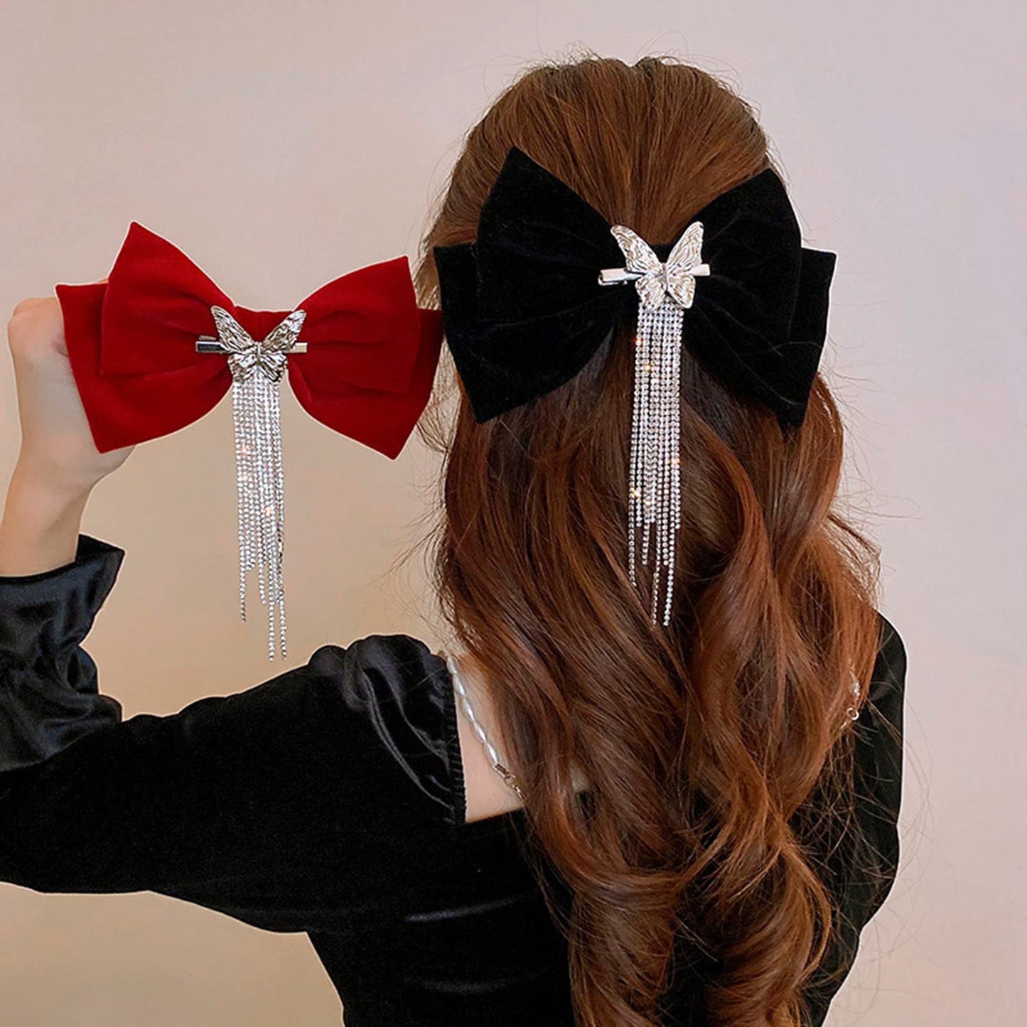 Wekicici Butterfly Rhinestone Hair Clips with Tassel Barrettes and Huge Soft Bows for Women and Girls (Black) Beauty & Personal Care wekicici