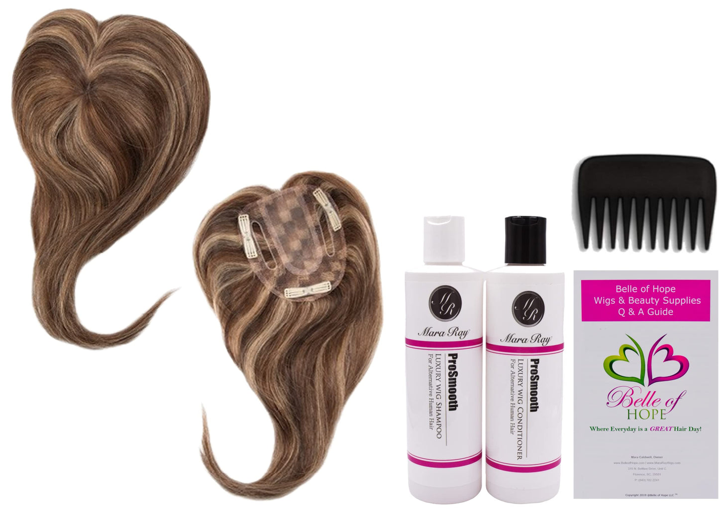 ADD-ON CENTER Human Hair/HF Synthetic Blend Topper by Envy, 5PC Bundle: Topper, 4oz Mara Ray Luxury Shampoo & Conditioner, Wide Tooth Comb, and 19 Beauty & Personal Care Belle of Hope Mara Ray