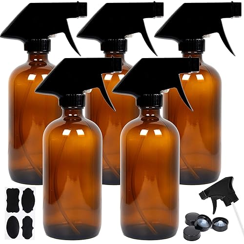 Youngever 5 Pack Empty Amber Glass Spray Bottles, 8 Ounce Refillable Container for Essential Oils, Cleaning Products, or Aromatherapy, Trigger Sprayer Beauty & Personal Care Youngever
