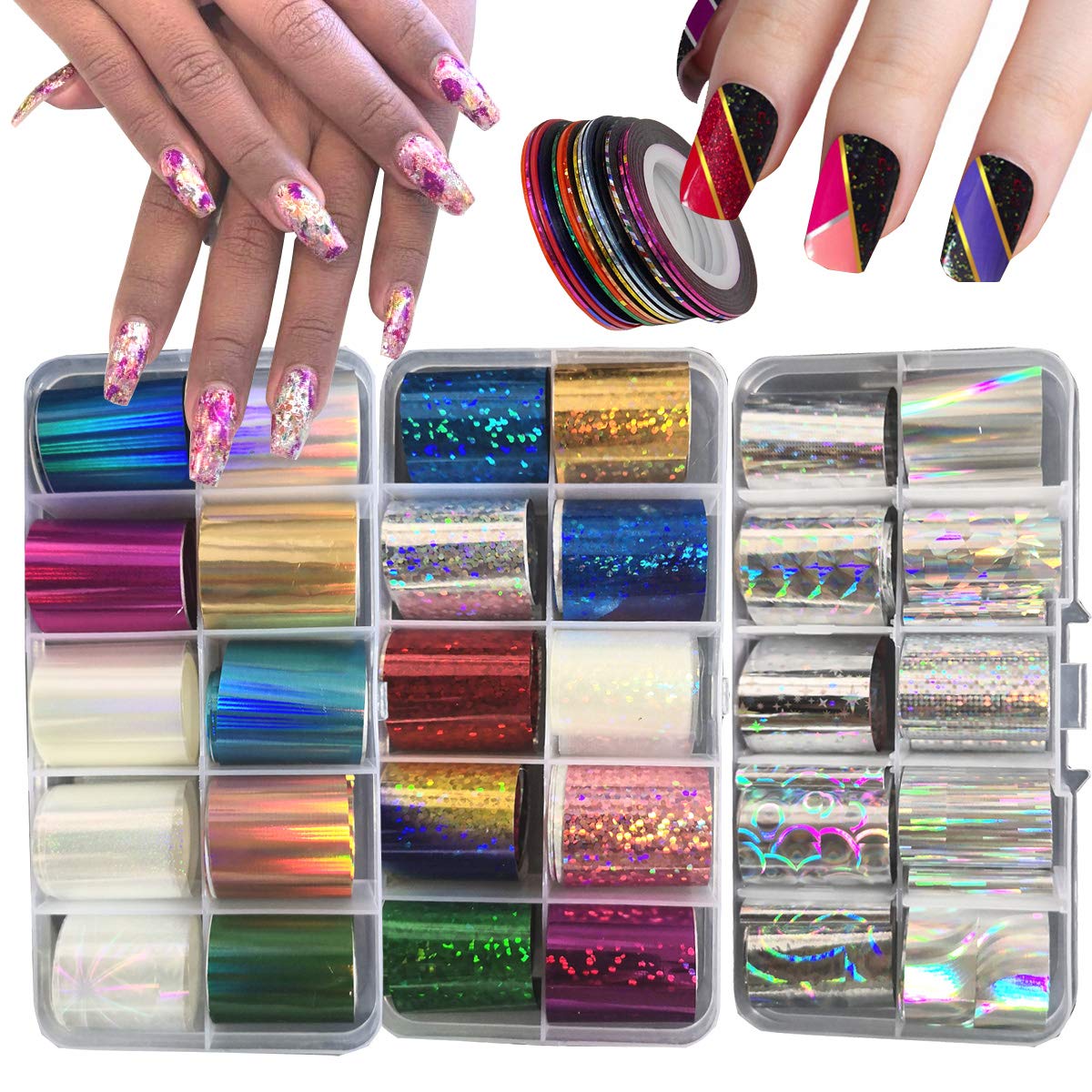AddFavor 30 Roll Holographic Transfer Nail Foil Sticker Silver Laser Nail Decals 10 Roll Nails Strip Tape for Nails Art Design Decoration Beauty & Personal Care AddFavor