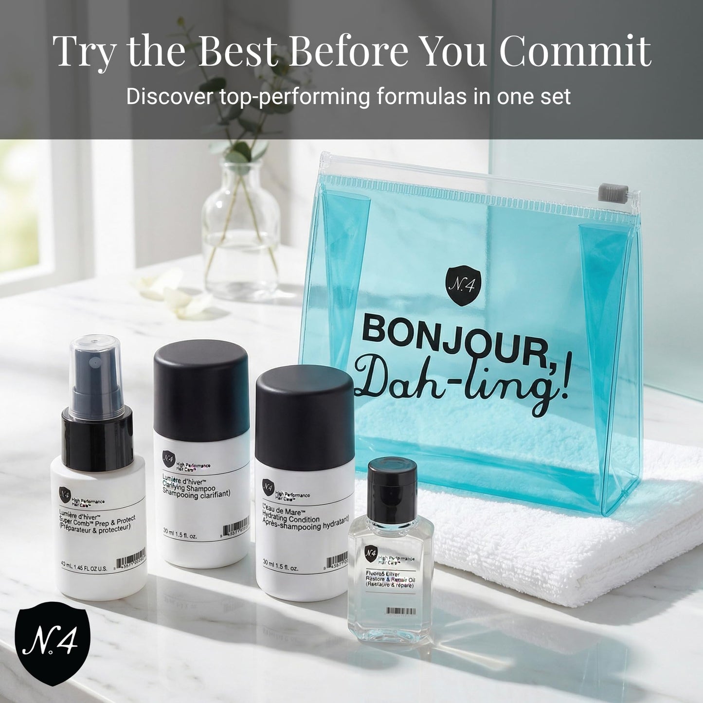Number 4 Try Me Set - Daily Clarifying Shampoo 1.5oz, Hydrating Condition 1.5oz, Super Comb Prep & Protect 1.5oz, Fluoro5 Elixer Restore & Repair Oil Beauty & Personal Care Number 4
