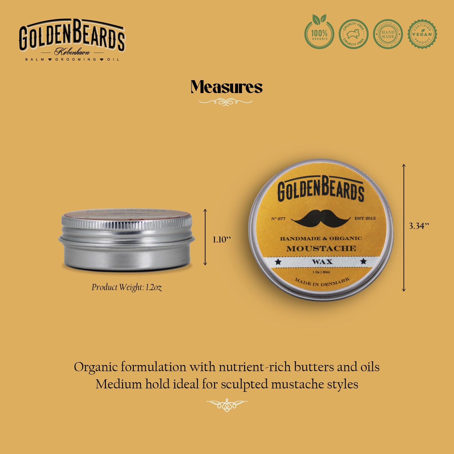 Golden Beards Mustache Wax - Organic & Natural Medium Hold Styling Wax for Men, Nourishing Beeswax & Oils, Handmade in Denmark 30ml (1oz) Beauty and Personal Care Golden Beards Kobenhavn BALM GROOMING OIL