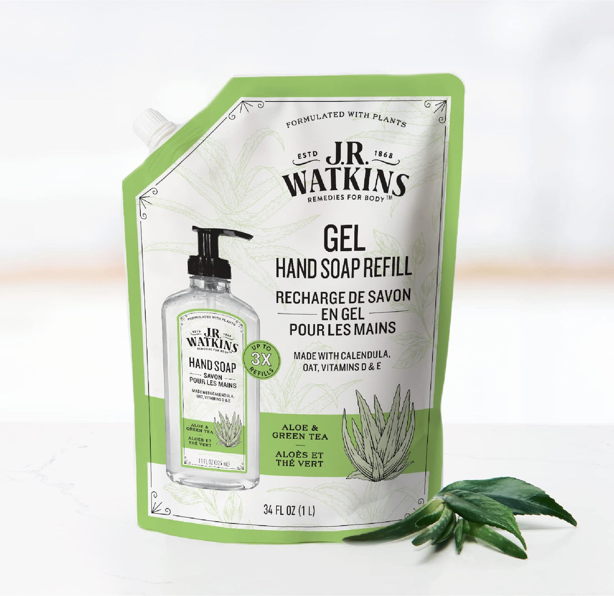 J.R. Watkins Gel Hand Soap Refill Pouch, Scented Liquid Hand Wash for Bathroom or Kitchen, USA Made and Cruelty Free, 34 fl oz, Aloe & Green Tea, 2 Beauty & Personal Care J.R. Watkins