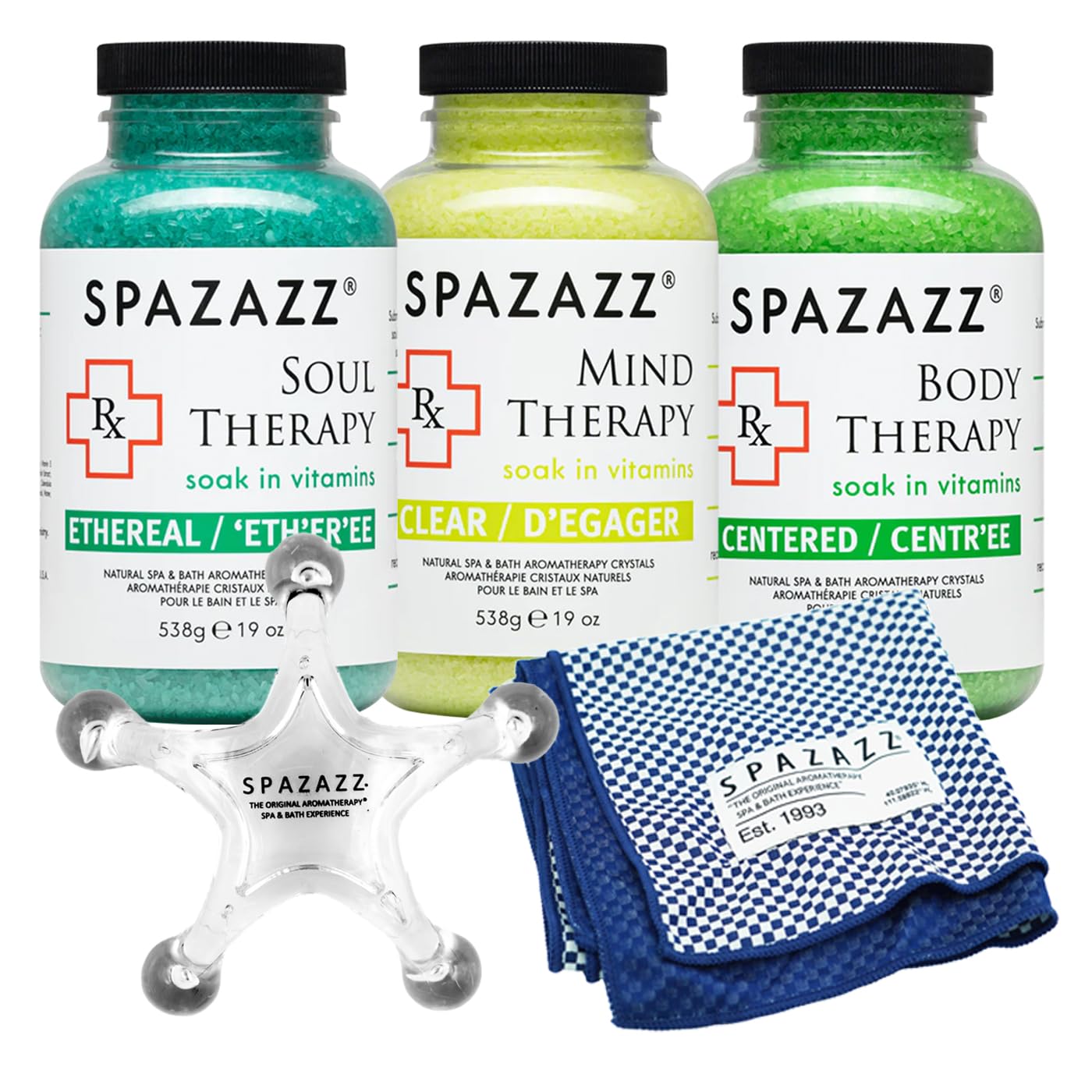 RX Therapy Spa and Hot Tub Aromatherapy Scented Relaxation Bath Salt Crystals - Mind Body and Soul Bundle Gift Set (19 Oz) Includes 5 Point Full Body Beauty and Personal Care Spazazz