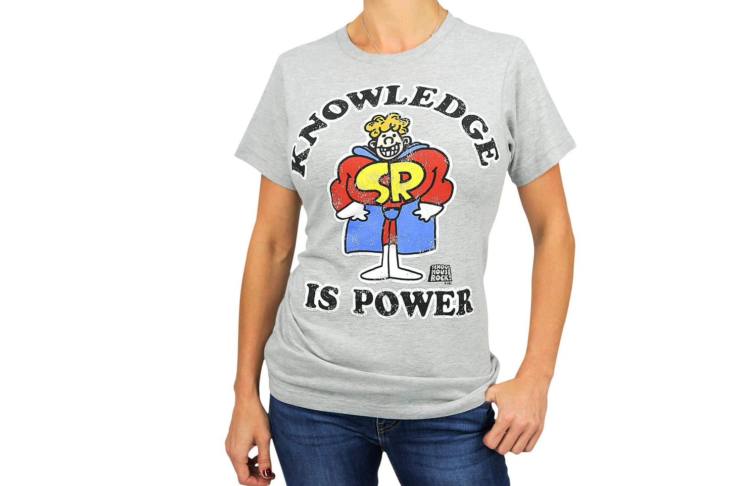 Schoolhouse Rock! Knowledge is Power Adult T-Shirt - Grey, Light-Weight, Short-Sleeve, Unisex, Crew Tee - Features Schoolhouse Rocky Caped Superhero Beauty & Personal Care Ripple Junction