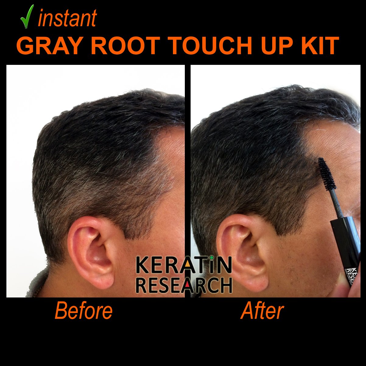3 PACK Gray Away Instant Hair Root Touch up and Concealer 7ml Dual Brush BLACK Color Beauty & Personal Care KERATIN RESEARCH