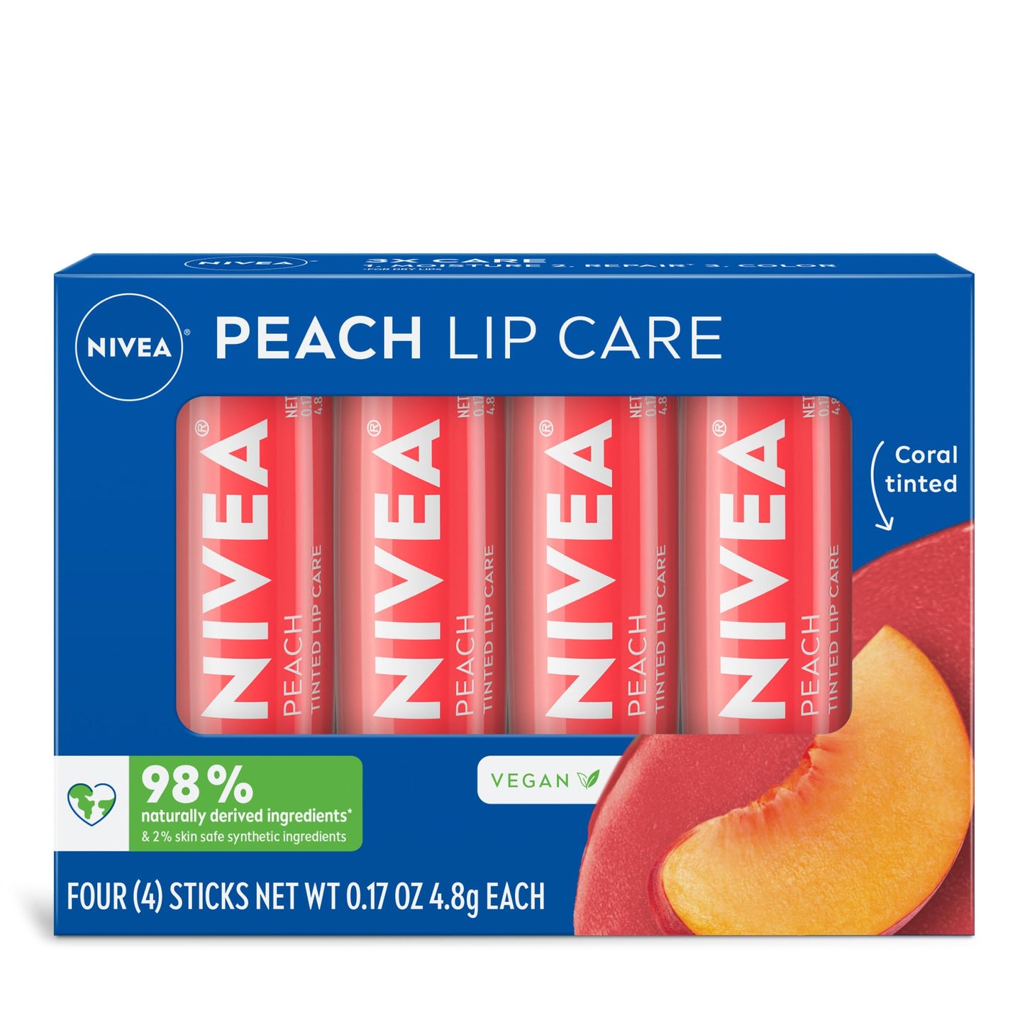 NIVEA Peach Lip Care, Tinted Lip Balm Pack with Shea Butter, Nourishing Oils and Vitamin C & E, 3-in-1 Moisture, Repair and Color, 0.17 Oz Stick, Pack Beauty & Personal Care NIVEA