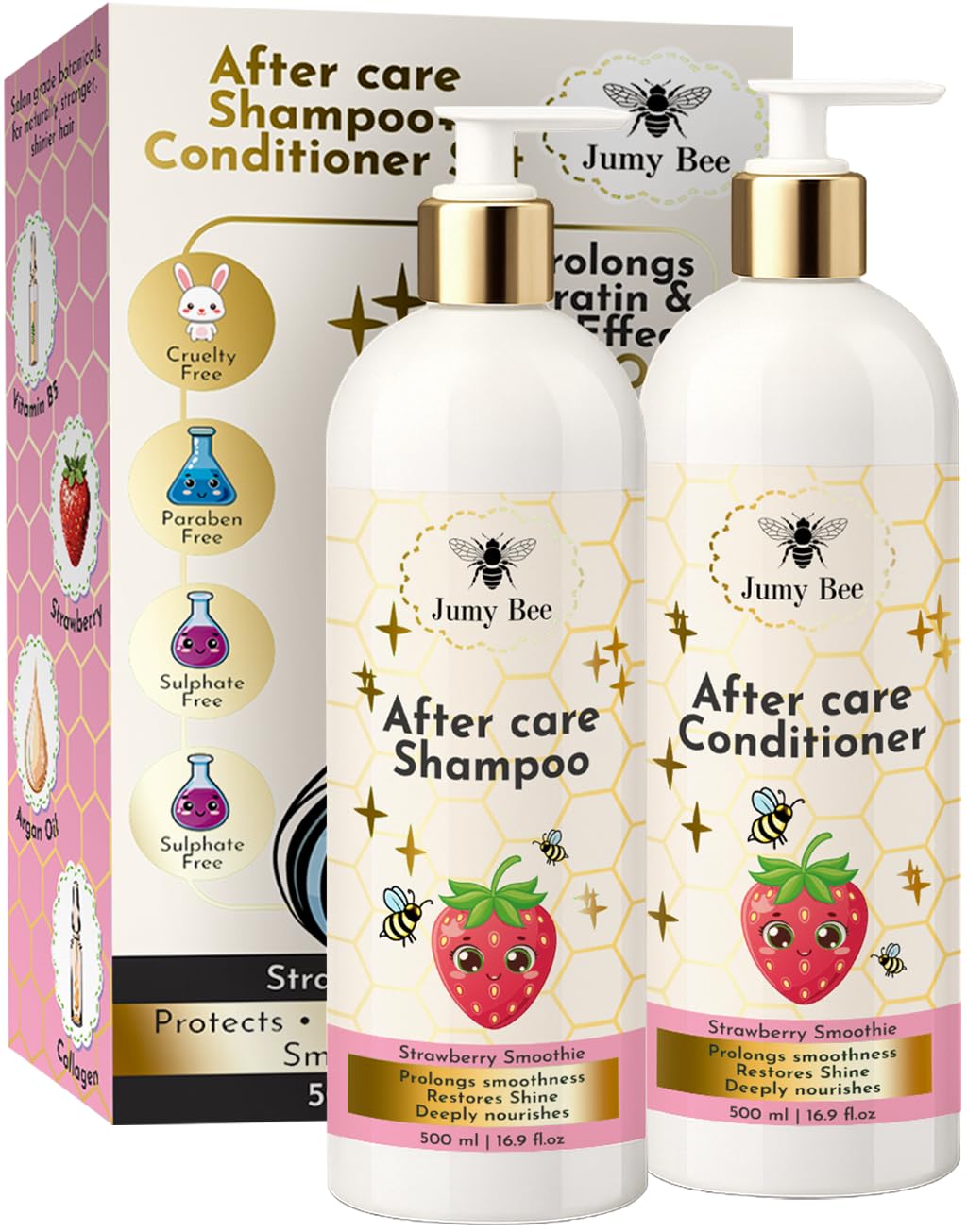 Jumybee After Care Anti-Frizz Shampoo and Conditioner Set - Strawberry Smoothie - Prolongs Keratin & Hair BTX Results - Collagen, Argan Oil, Vitamin Beauty & Personal Care Jumybee