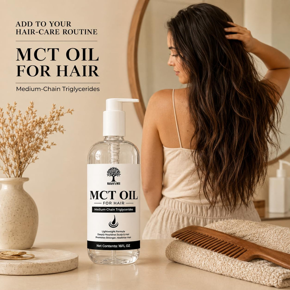 Nature's Will Organic MCT Oil for Hair, Extracted from Organic Coconut Oil, Medium-Chain Triglycerides Hair Oil, 16 Fl Oz (Pack of 2)