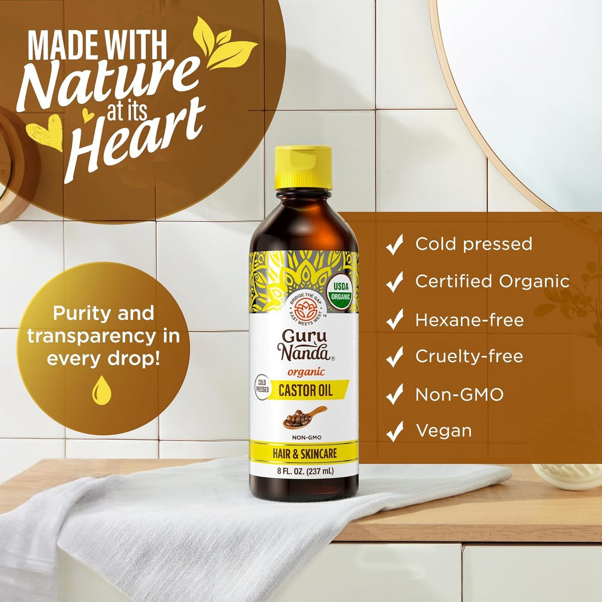 GuruNanda Castor Oil Organic USDA Certified (8 Fl oz) - 100% Pure & Natural, Cold Pressed & Hexane-Free, Hydrating Carrier Oil for Skin, Hair Beauty & Personal Care GuruNanda