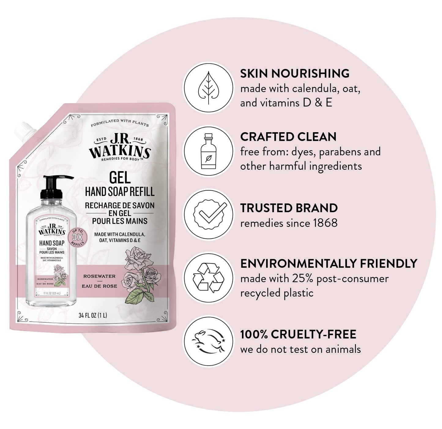 J.R. Watkins Rosewater Liquid Hand Soap Refill Pouch 1 L Beauty & Personal Care J.R. Watkins