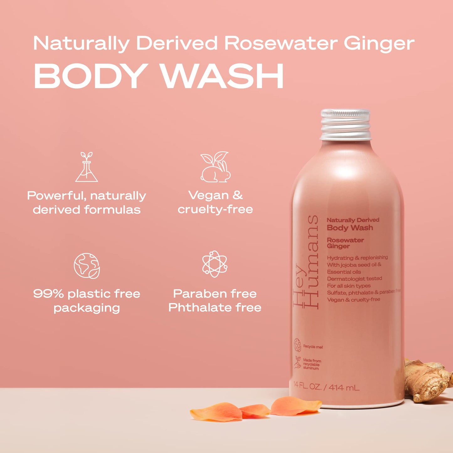 Hey Humans Rosewater Ginger Moisturizing Body Wash with Natural Ingredients & Jojoba Oil | Clean, Vegan, Sulfate Free Bath & Body Wash for Women | Beauty & Personal Care HEY HUMANS