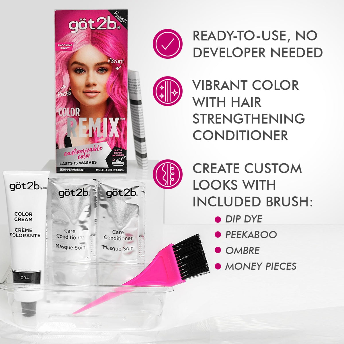 got2b Color Remix Semi-Permanent Hair Color, Shocking Pink 093, Customizable Temporary Hair Dye to Create A Vibrant or Pastel Shade, Easy At-Home Beauty & Personal Care Got2B