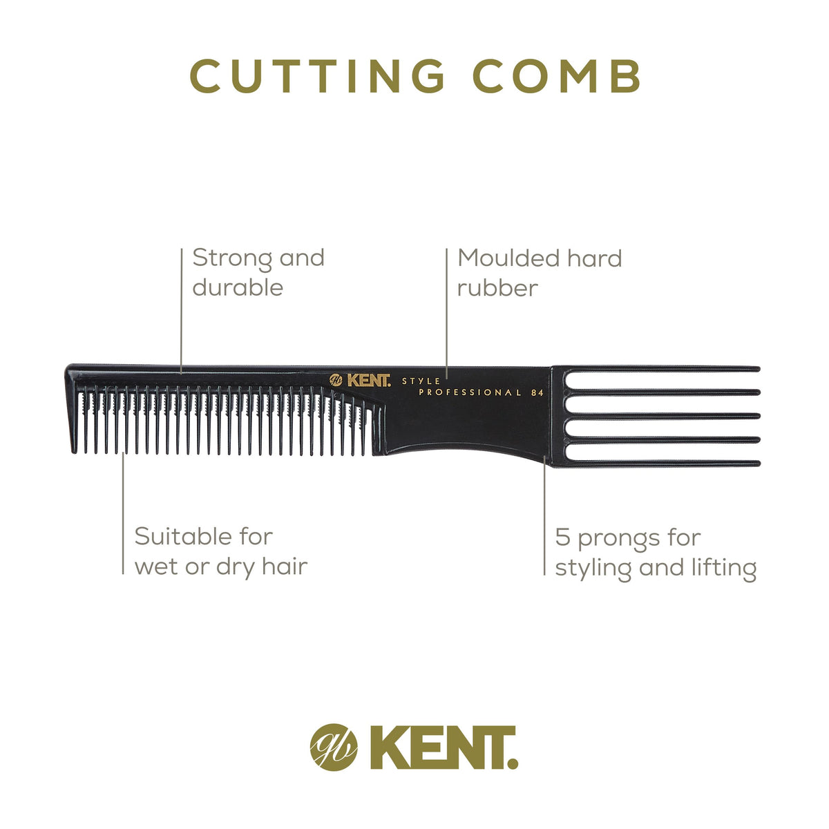 Kent SPC84 Hair Pick Comb for Curly, and Thick Hair - Professional Antistatic Heat-Resistant Prong Fork for Volume and Lift - Barber Teasing Comb for