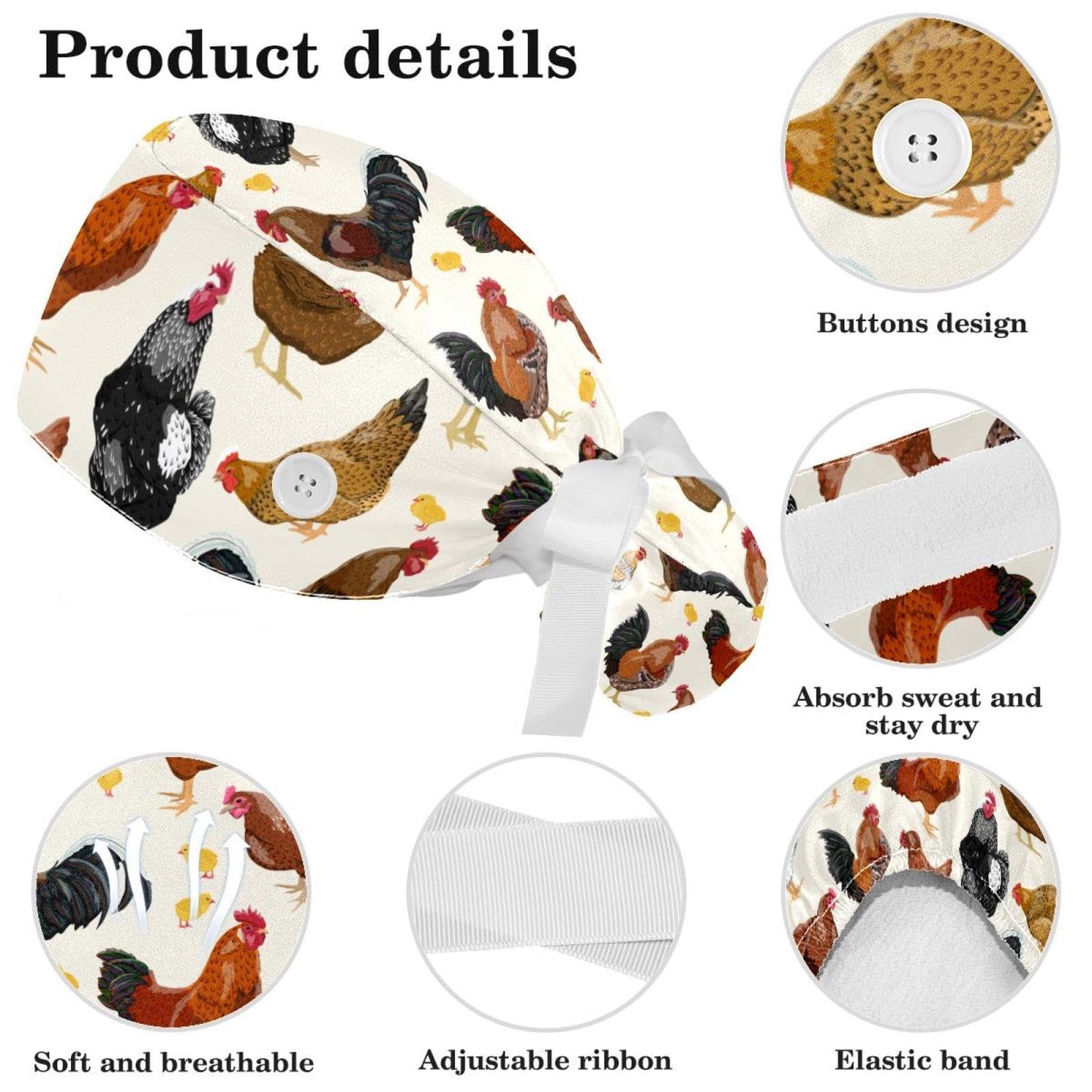 Women Working Cap with Sweatband, Roosters and Chickens Ponytail Pouch Scrub Hats with Elastics Beauty and Personal Care Niaocpwy