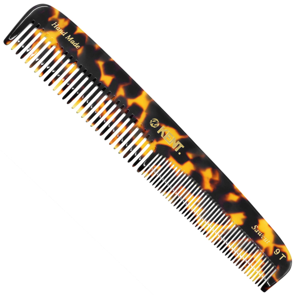 KENT 9T Fine Tooth & Wide Tooth Comb Detangler - Large Handmade Saw-Cut Dressing Comb - Wet/Dry Hair Comb for Women & Men, Made in England (Yellow