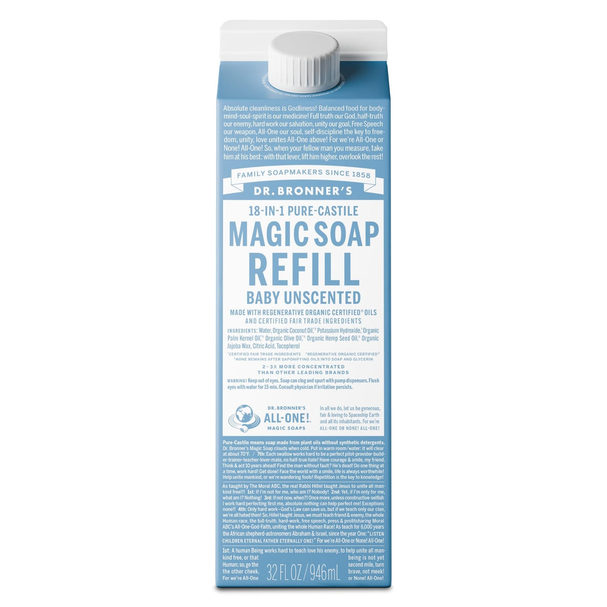 Dr. Bronner's Pure-Castile Liquid Soap Refill - Made with Regenerative Organic Certified Oils, 86% Less Plastic - 18-in-1 Uses, For Face, Body Wash Beauty & Personal Care Dr. Bronner's