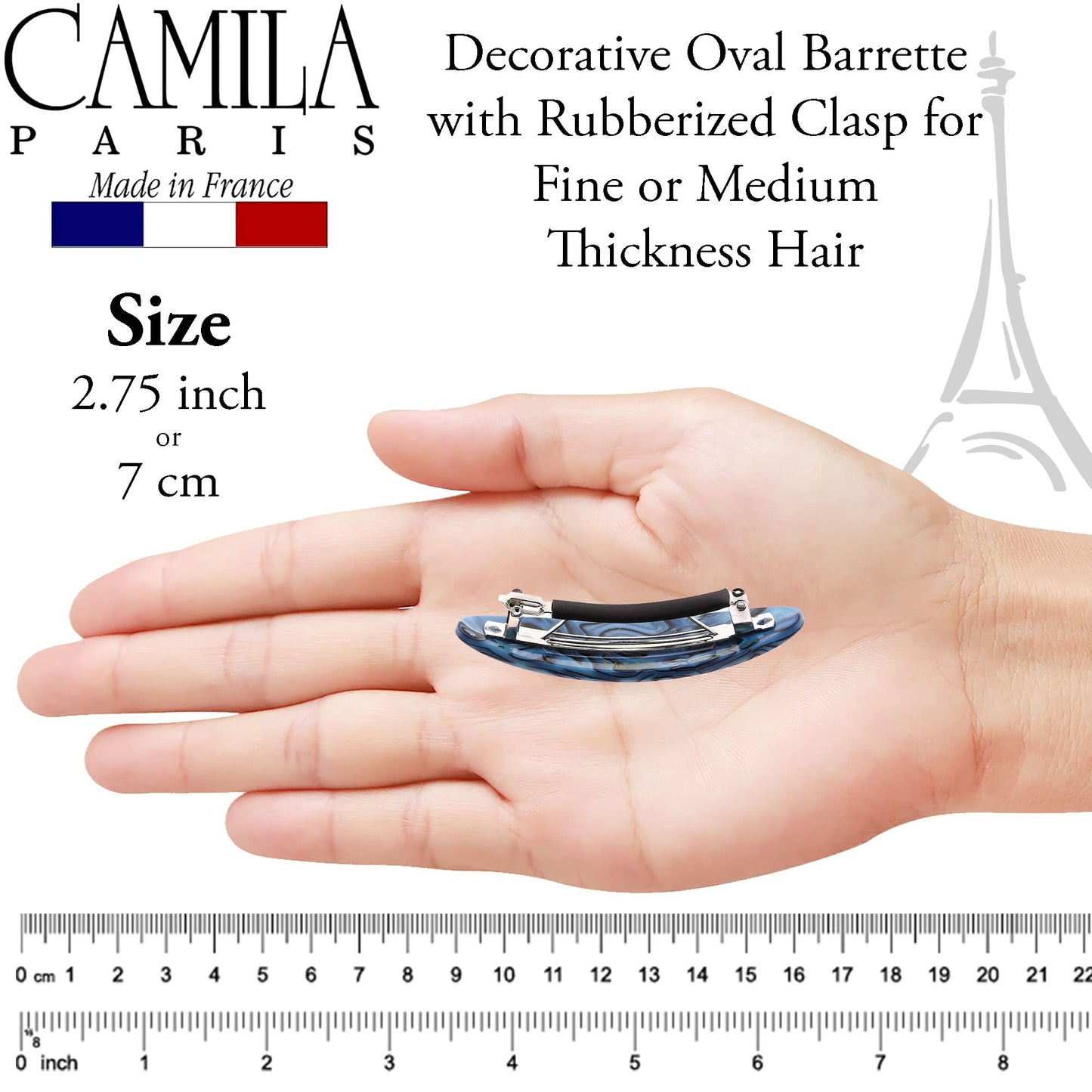 Camila Paris CP2984 French Hair Barrette Clip Handmade Oval Blue, Strong Hold Grip Hair Clips for Women, No Slip Rubberized Metal Closure, Durable Beauty & Personal Care Camila