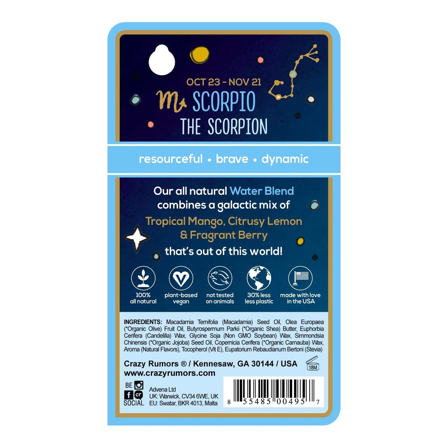 Crazy Rumors Scorpio Zodiac All Natural, Plant Based Lip Balm to Moisturize and Nourish your Lips - Water Blend Beauty and Personal Care Crazy Rumors