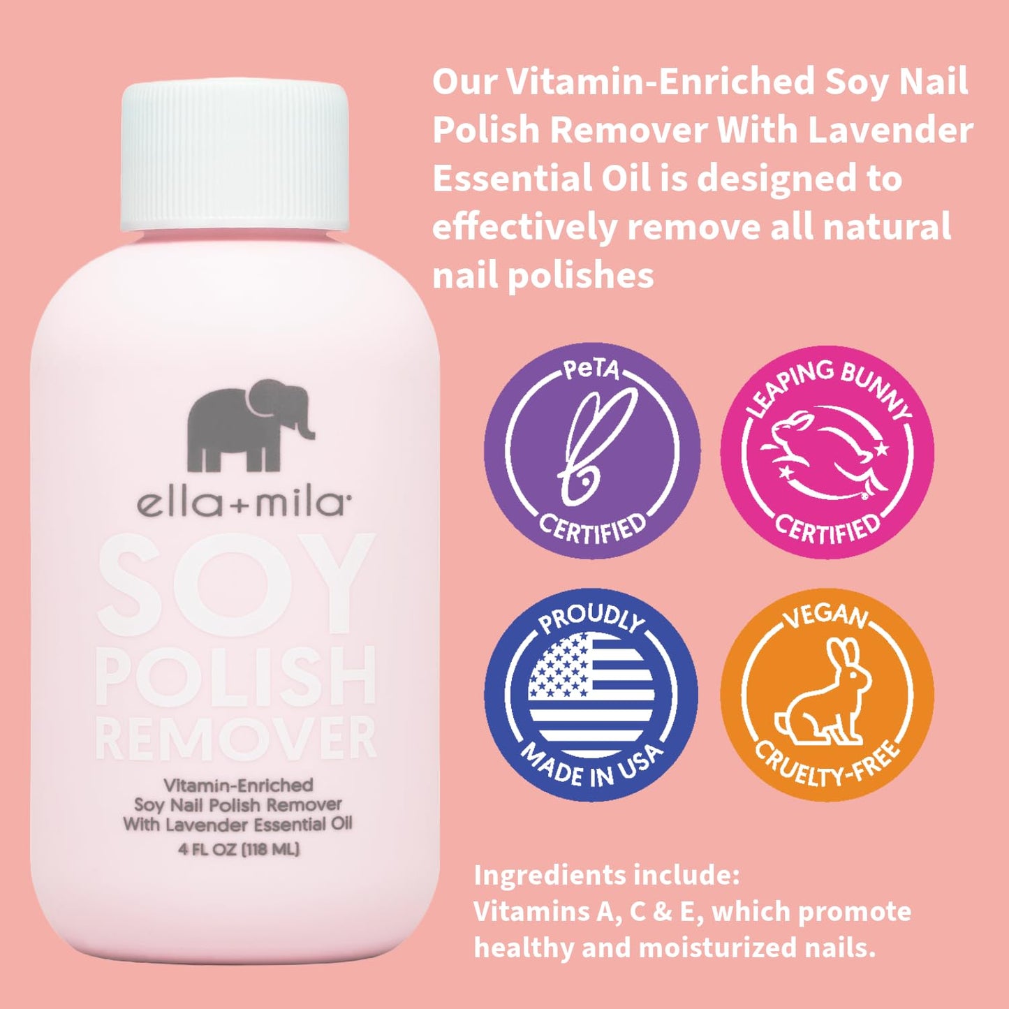 ella+mila Soy Nail Polish Remover Non-Acetone Nail Polish Remover - Non-Toxic Fingernail Polish Remover - For Natural Nail Polishes - Enriched Beauty and Personal Care ella+mila