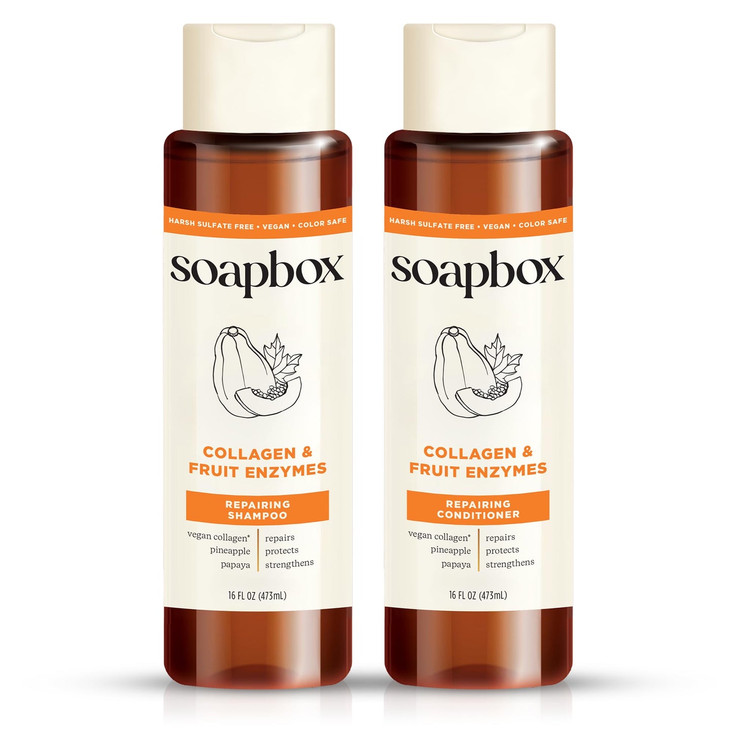 Soapbox Collagen & Fruit Enzymes Shampoo & Conditioner Set, Protects, Repairs & Strengthens Hair - Clean Ingredients Free of Harsh Chemicals Beauty & Personal Care Soapbox