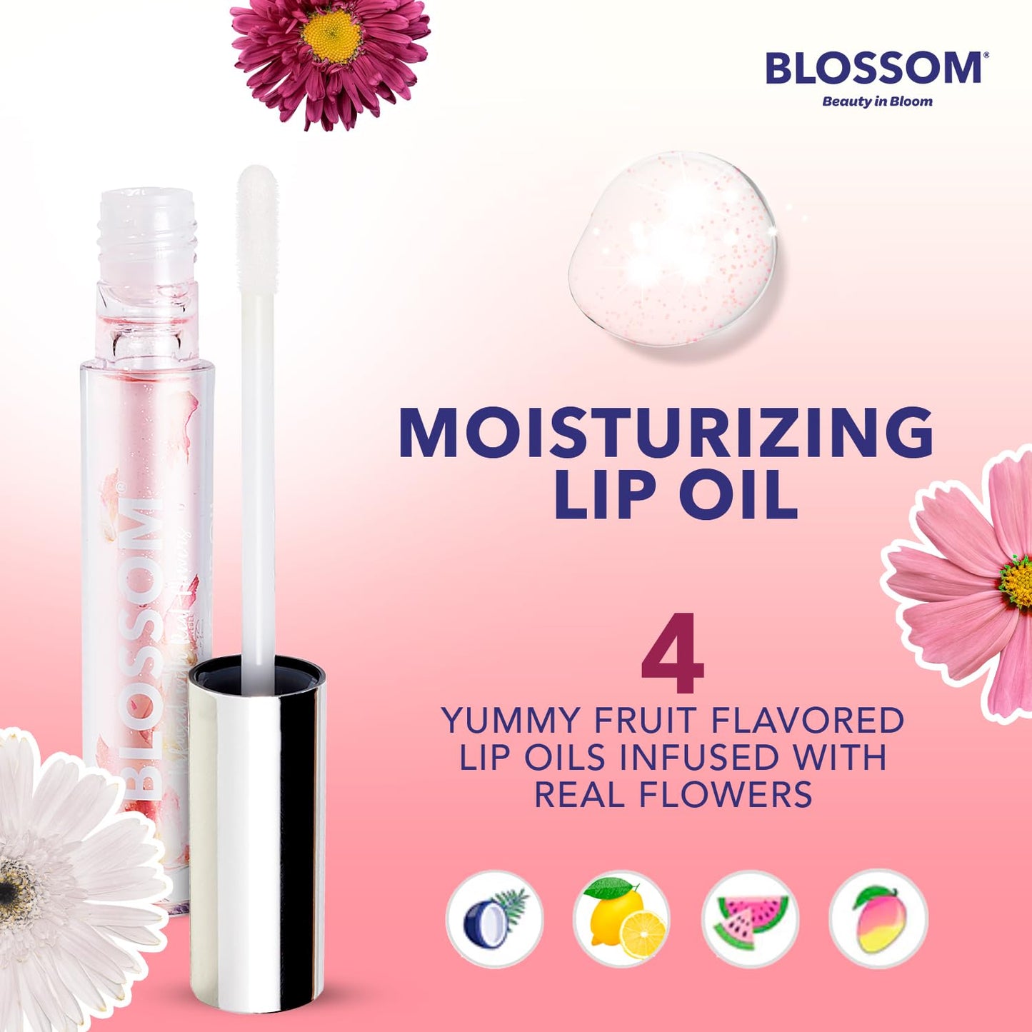 Blossom Lip Gloss & Lip Oil with Olive Oil + Grape Seed Oil, Moisturizing and Hydrating Shimmer Sparkle, Infused with Real Flowers, 3g, Watermelon Beauty & Personal Care Blossom