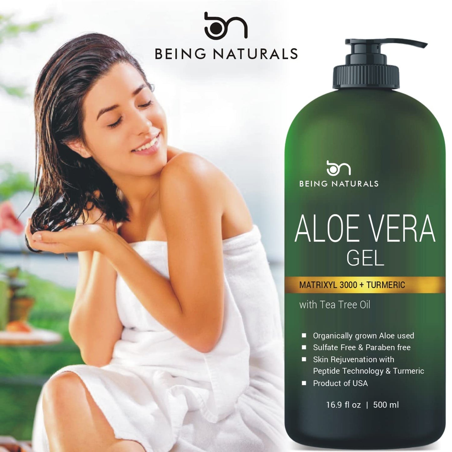 Aloe vera Gel - from 100% Pure Organic Aloe Infused with Matrixyl 3000 (Peptides), Turmeric - Natural Raw Moisturizer for Face, Body, Hair. Perfect Beauty & Personal Care Being Naturals
