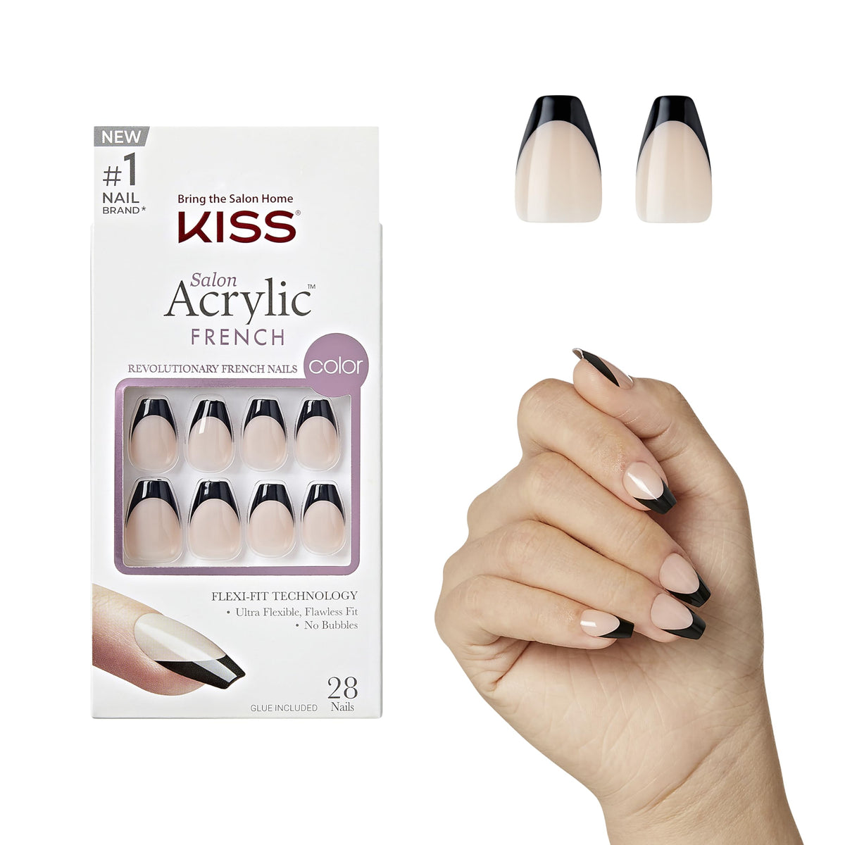 KISS Salon Acrylic, Press On Nails, Nail glue included, 'Flame', Black, Short Size, Coffin Shape, Includes 28 Nails, 2g glue, 1 Manicure Stick, 1 Mini