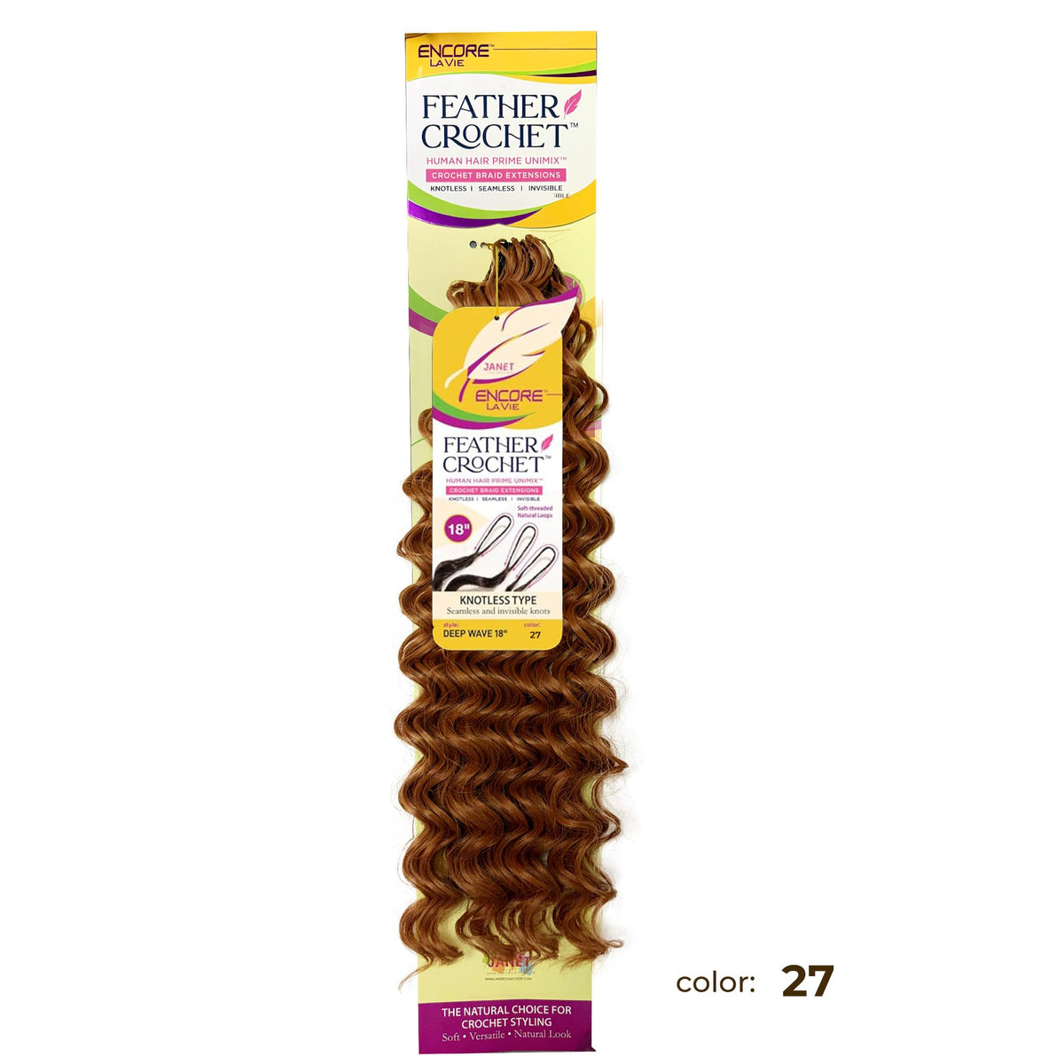 Janet Collection Encore Lavie Pre-Separated Feather Crochet Deep Wave 18" - Knotless Crochet Braid Extensions (color #1B)