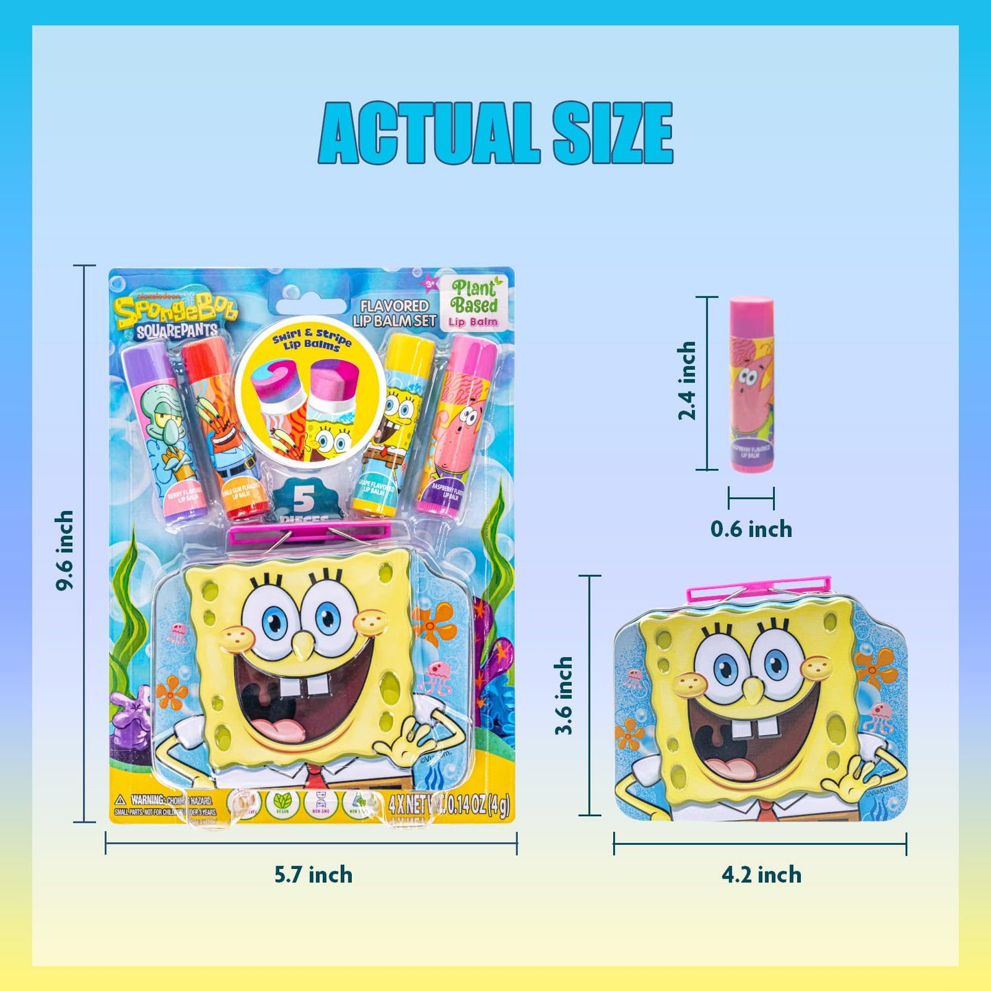 Spongebob Squarepants 4PK Plant-Based, Fruity Scented Lip Balm, & 1 Tin, Colorful Hydrating Mosturizor Swirl Lip Balm Set for Kids, by Townley Girl Beauty & Personal Care Townley Girl