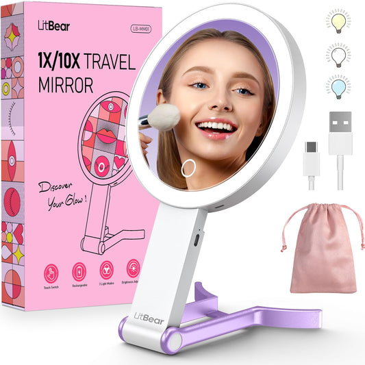 LitBear Travel Makeup Mirror with Light, Rechargeable Double-Sided 10X/1X Magnifying Mirror, Portable Lighted Beauty Mirror, 3 Color Lighting Beauty and Personal Care LitBear Default Title