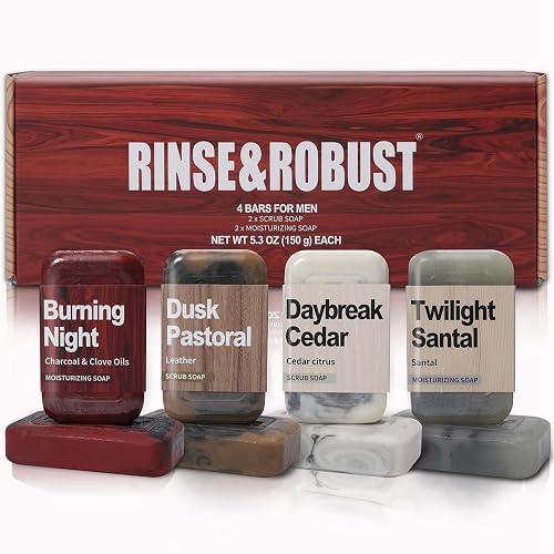 Rinse & Robust Bar Soap for Men - 4Pcs Exfoliating & Moisturizing 4-in-1 Cleansing Bar Set for Face, Body, Hands & Shave | All Skin Types | Luxury Beauty & Personal Care Rinse & Robust