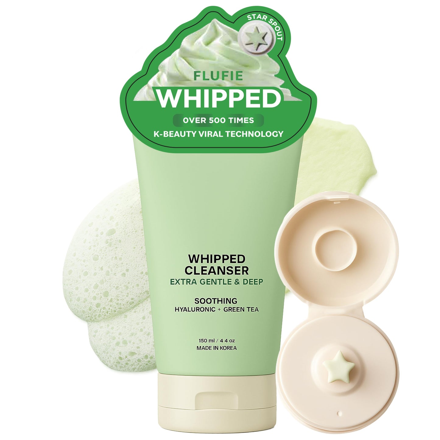 Flufie Whipped Facial Cleanser with Hyaluronic Acid & Green Tea - Deep Hydration & Gentle Pore Care - Dermatologist Tested, Anti-Aging, Korean Skin Beauty & Personal Care Flufie