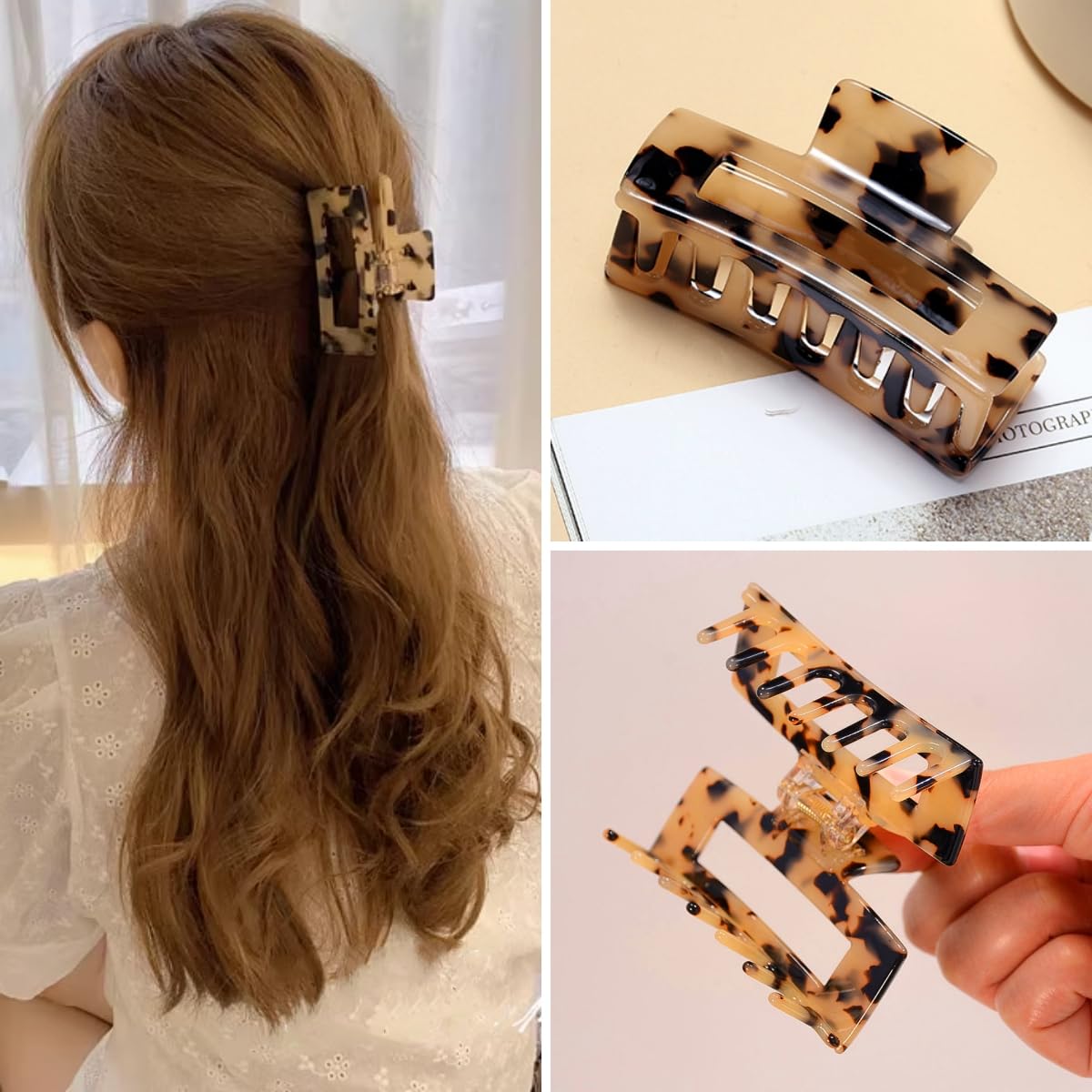 3 inch Hair Claw Clips Cutout Tortoise Shell Celluloid Hair Jaw Clips French Design Rectangle Hair Clamp for Women Ladies Mother (2 Pack) Beauty & Personal Care Textention